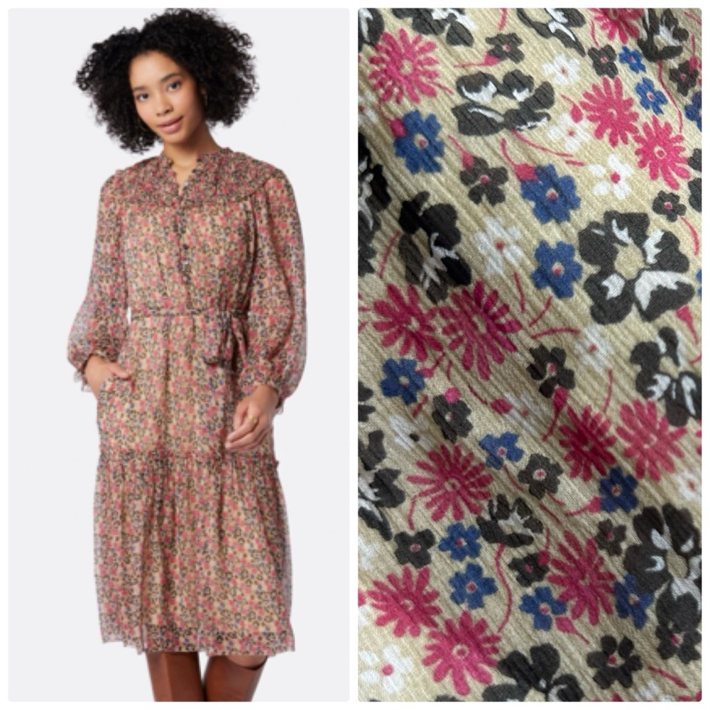 Joie Peoria Midi Silk Dress in Tan Floral Print‎ Boho Cottagecore Size Small